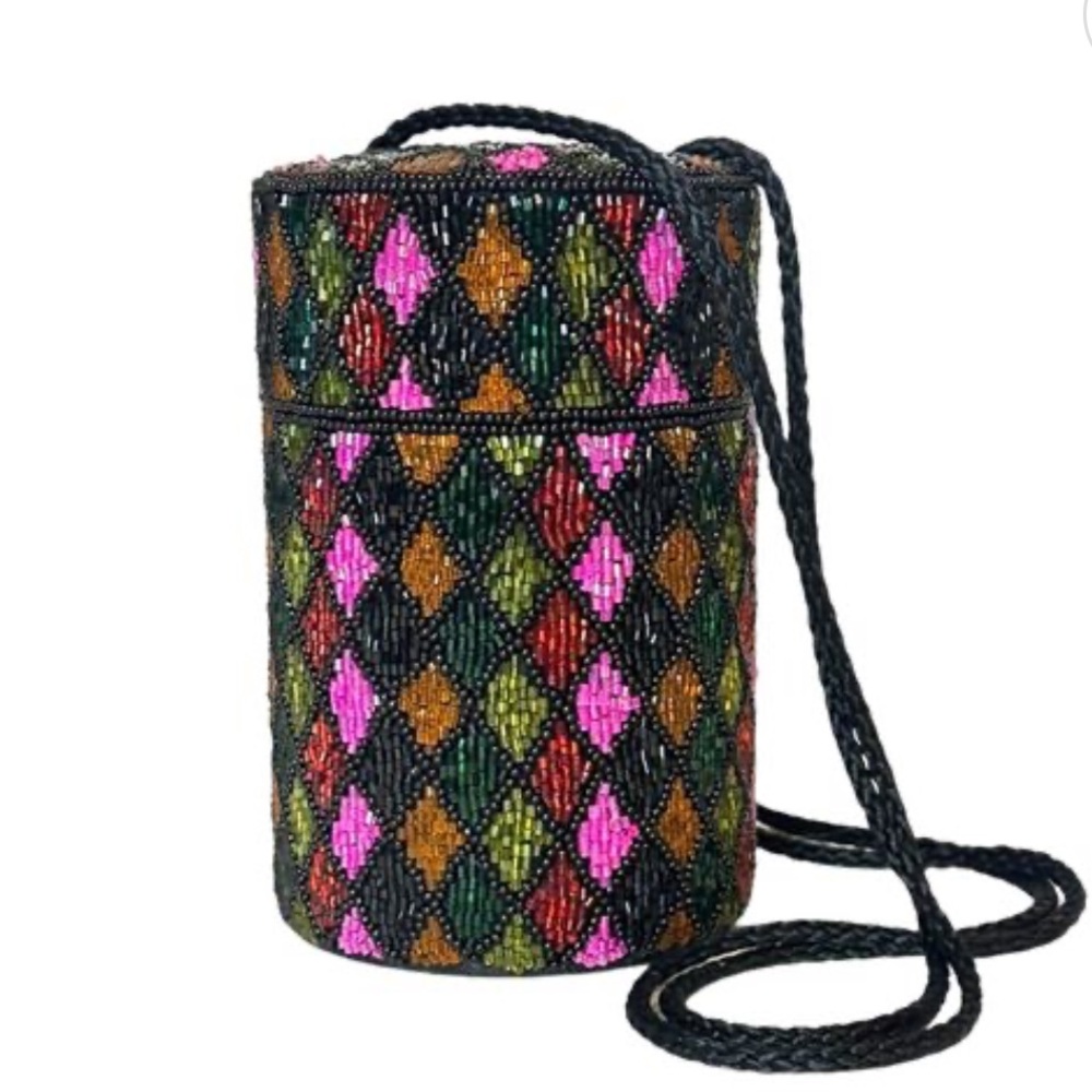 Bob Mackie Fully Beaded Cylinder Rainbow Beaded Hard Shell Capsule Handbag
